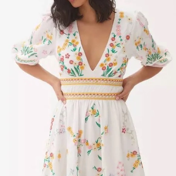 Anthropologie Deep V Floral Embroidered Cut Out Mini Dress size L - Picture 2 of 10